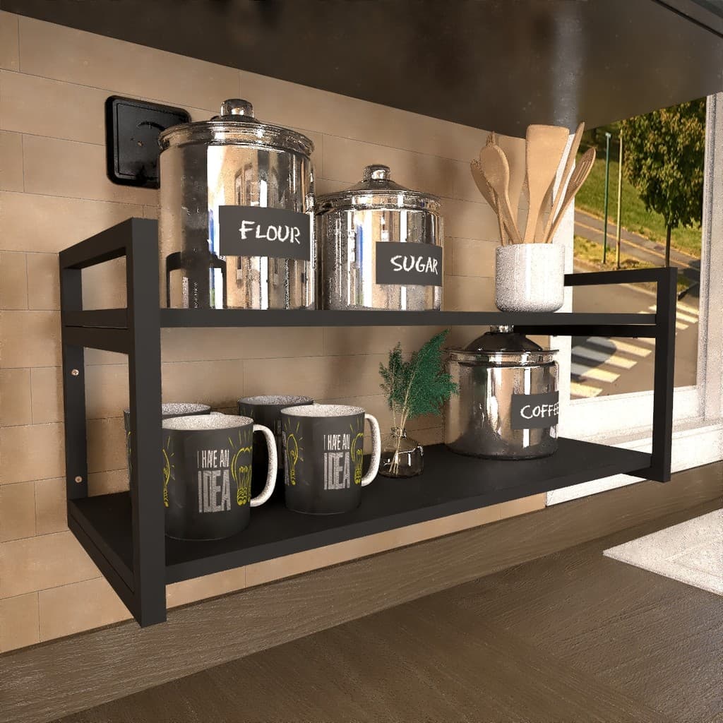 Prateleira estilo industrial cozinha tempeiros condimentos cafe preto com preto 60 cm