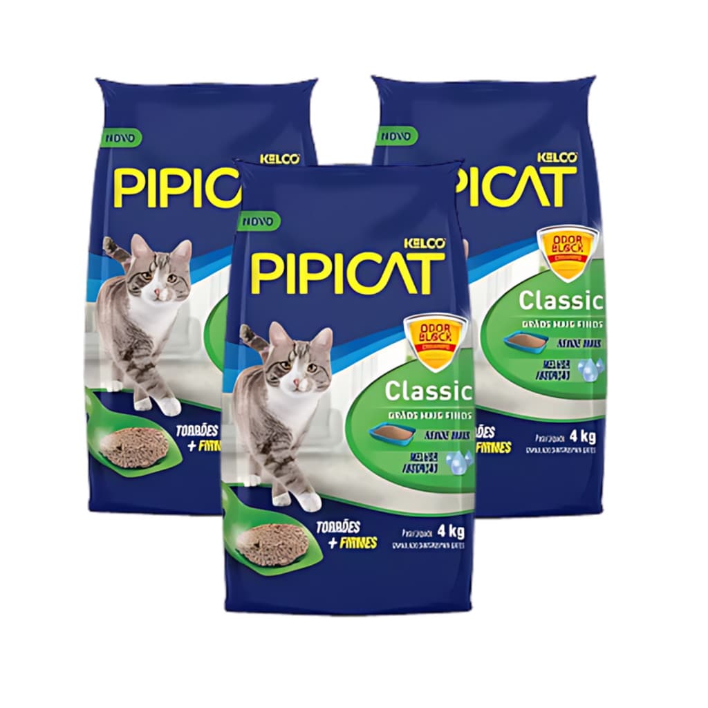Areia Sanitária para Gatos PIPICAT Classic 4kg Kit com 3 UN