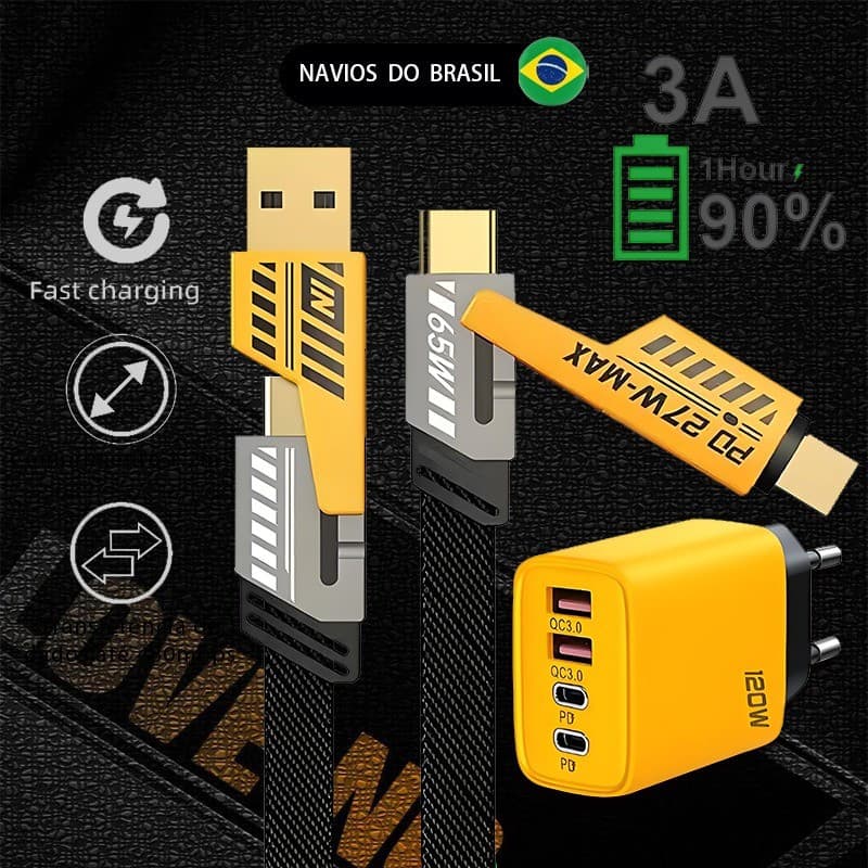 Carregador Rápido 120W 2C + 2USB 4 Portas Tipo C Carga Rápida 3.0 Adaptador De USB Para iOS Cabos De Fio BBC