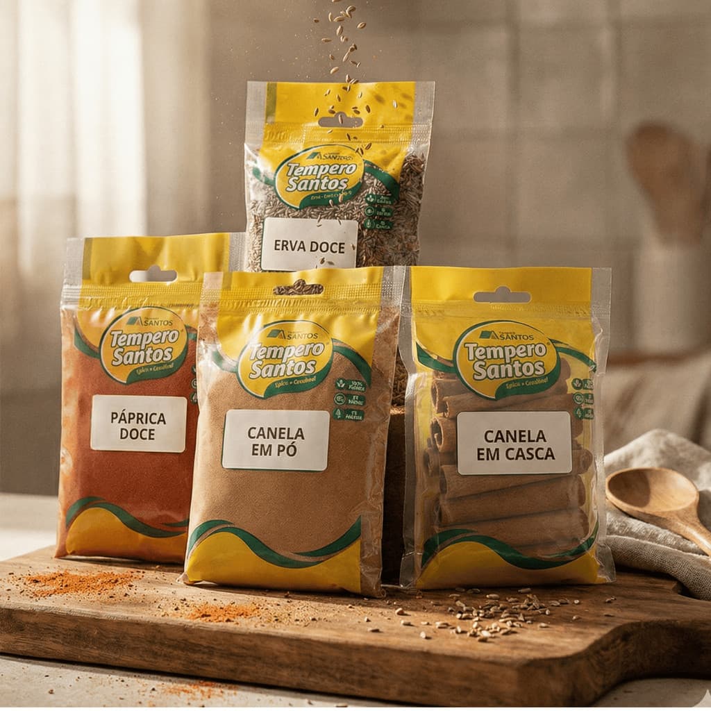 Kit Temperos Doces 4 Sabores - Canela Em Pó 50g / Canela Em Casca 50g / Páprica Doce 50g / Erva Doce 50g –Tempero Santos