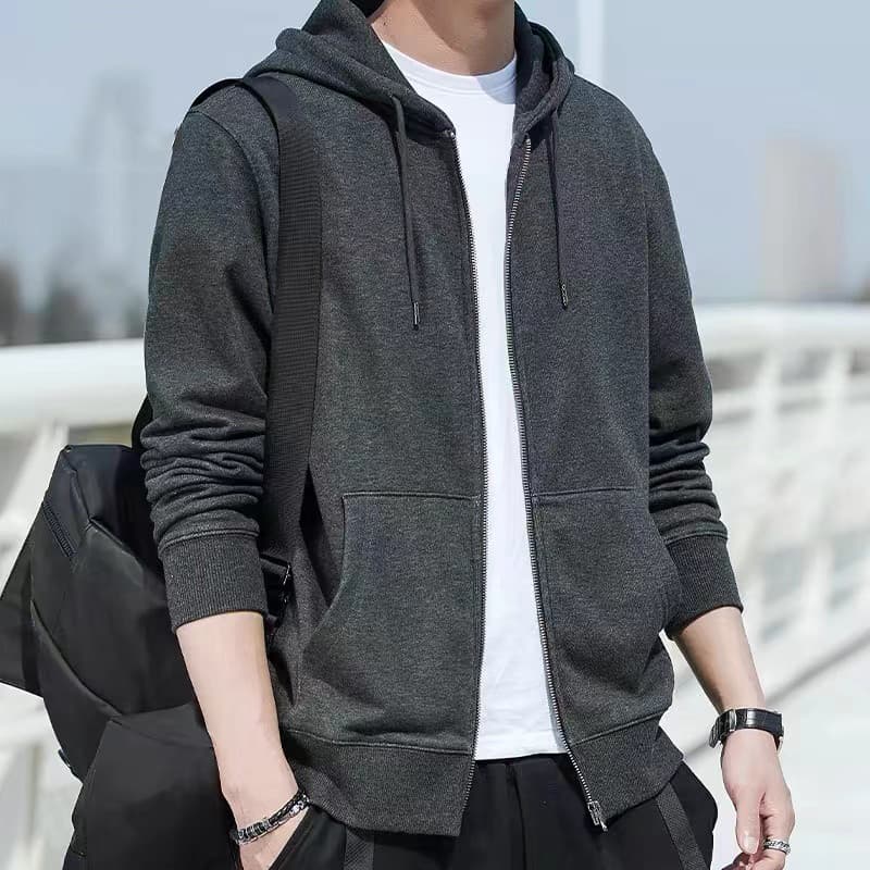 Outono inverno roupas masculinas forro de lã cinza escuro jaqueta masculina com capuz Cardigan zíper moletom masculino e