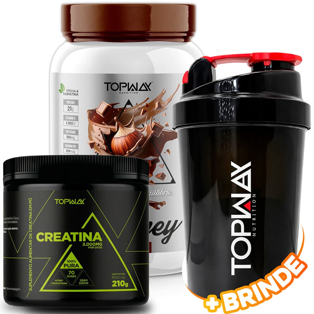 TopWay Whey Protein 900g Chocolate Com Avela + Creatina 210g Monohidratada + Coqueteleira 600ml