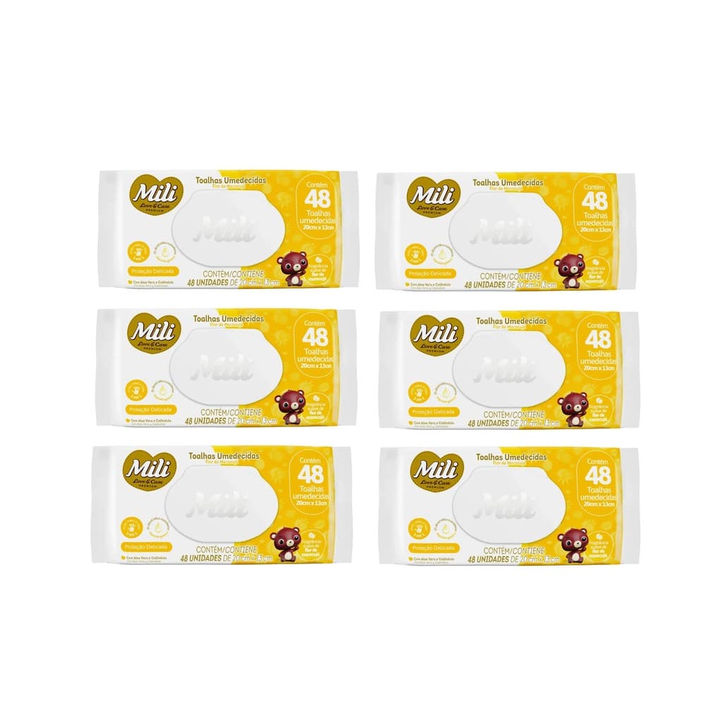 Kit 6 Toalhas Umedecidas Mili Love&care Flor De Maracujá 48 Toalhas