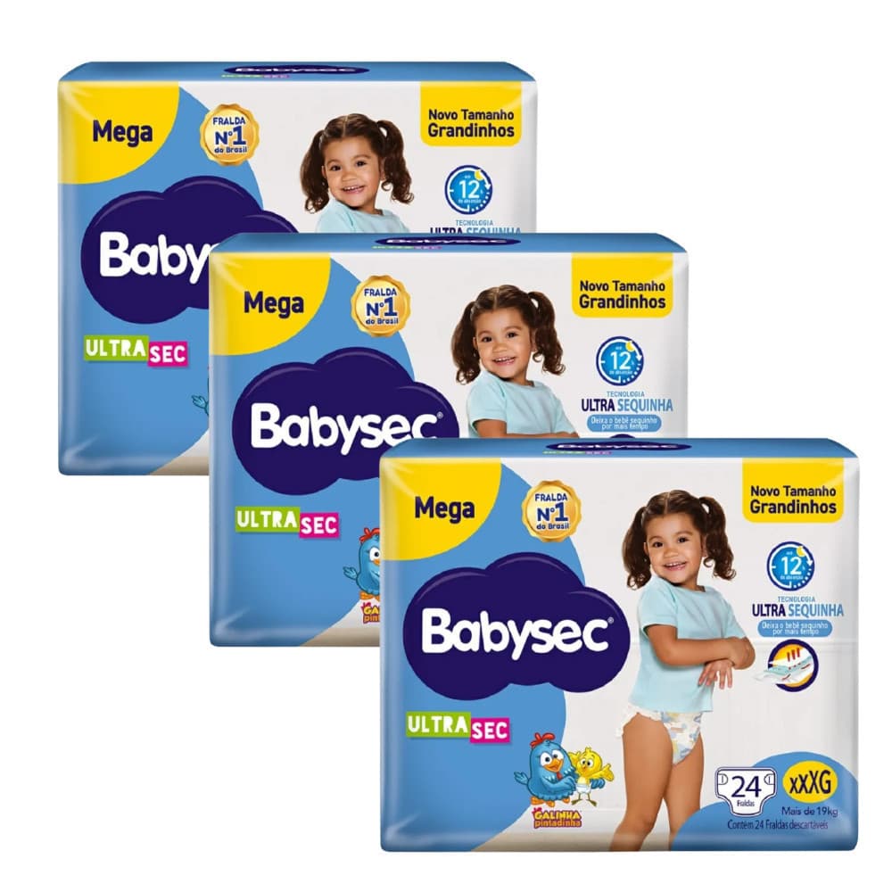 3 Pacotes - Fralda BabySec Ultrasec Mega XXXG c/24un –Elásticos suaves