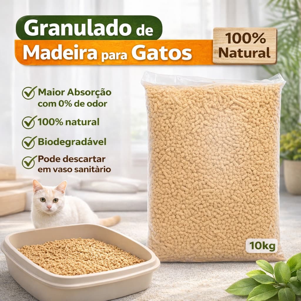 Granulado Higienico Para Gatos 10kg Pellets Madeira Areia Sanitaria Pinus Biodegradavel Natural