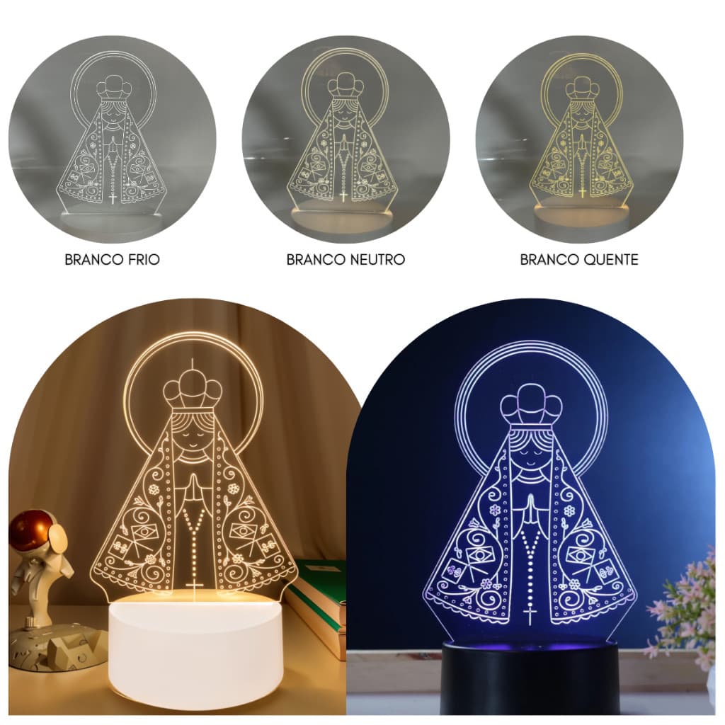 Luminária Abajur De MesaTomada Led 3d Nossa Senhora Aparecida Base Branca e Preto