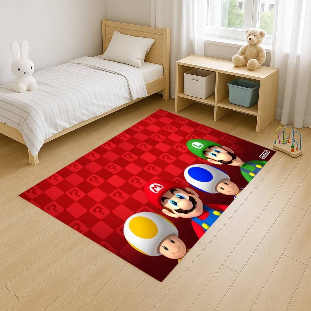 Tapete Retangular 100x140 Antiderrapante Mário Jogo Antigo Familia Infantil Desenho Decoração Quarto Sala