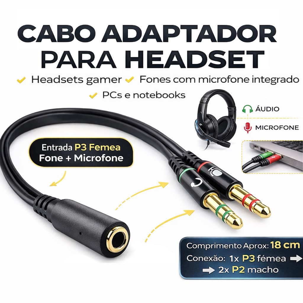 Cabo Adaptador Headset P3 para P2 Áudio e Microfone P/ PC Notebook Gamer Fone Divisor Alta Qualidade