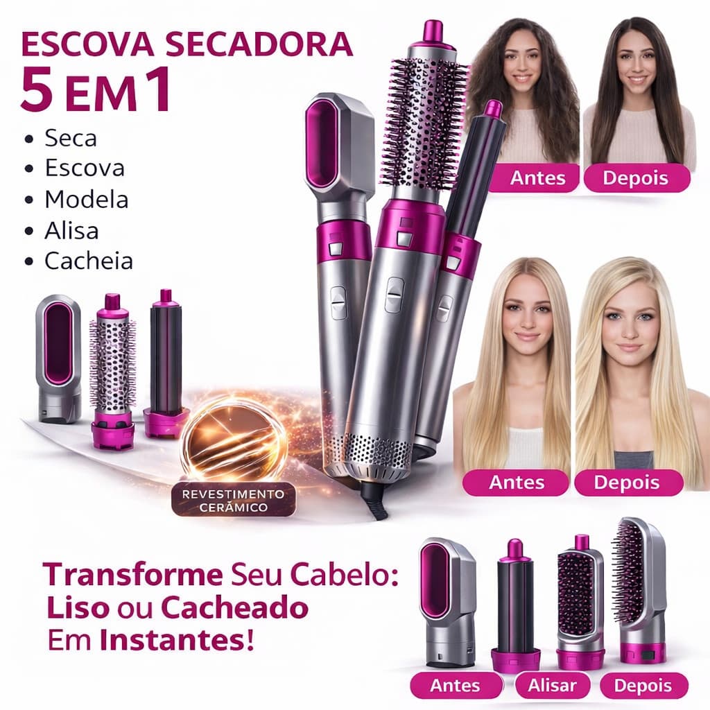 Escova Secadora 5 em 1 Profissional Ar Quente – Modelador, Alisador e Secador de Cabelo