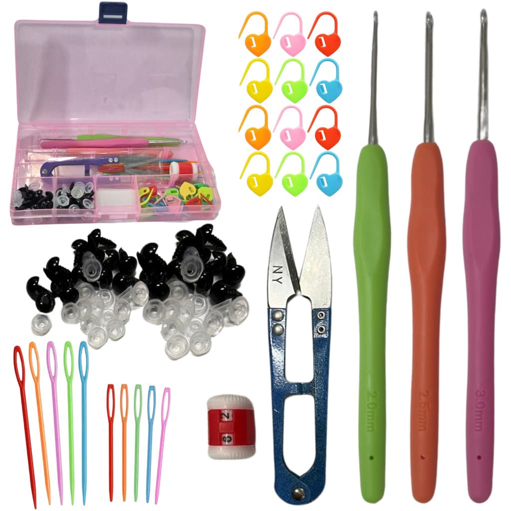 kit Croche Amigurumi Iniciantes Completo Agulha Soft Olho de Ursinho Marcadores e Contador de Pontos Tesoura Corta Fio