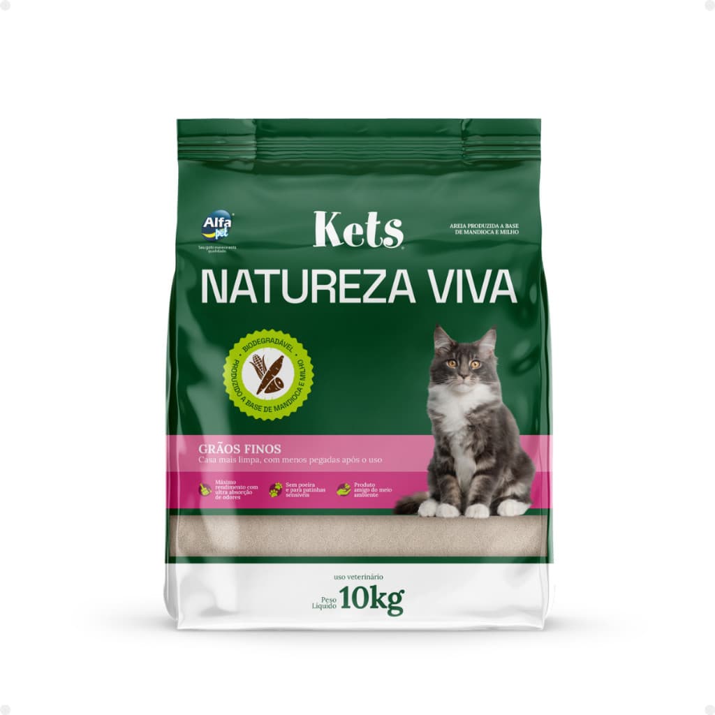 Areia Higiênica Sanitária Gato Mandioca Kets Natureza Viva Grãos Finos 10Kg