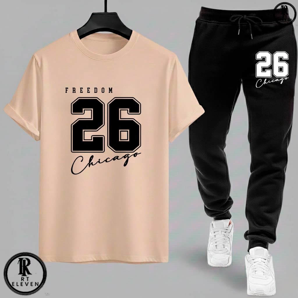 Kit Conjunto Chicago Camiseta e Calça moletom  Moda masculina camiseta casual Malha Algodão + calça Moletom Com bolso