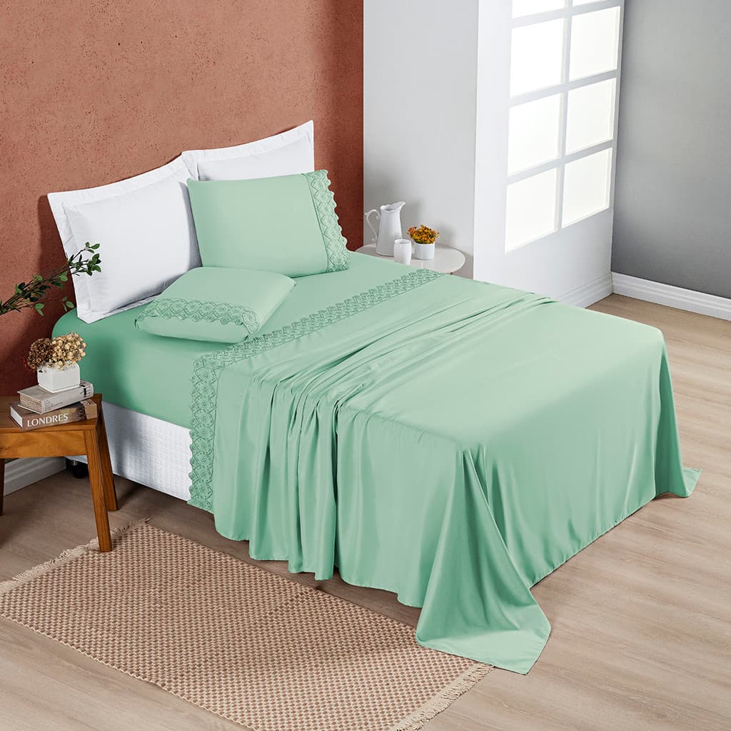 Jogo de Cama Lençol Casal Padrão 4 Peças 200 Fios Lençol Plano Detalhe Bordado Inglês