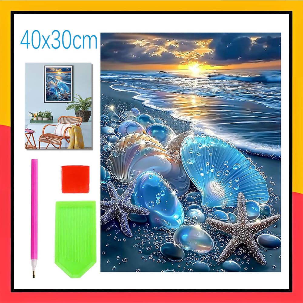 Pintura Diamante 5D Praia de Conchas Azuis Pintura Diamante DIY Dimensões: 40x30cm