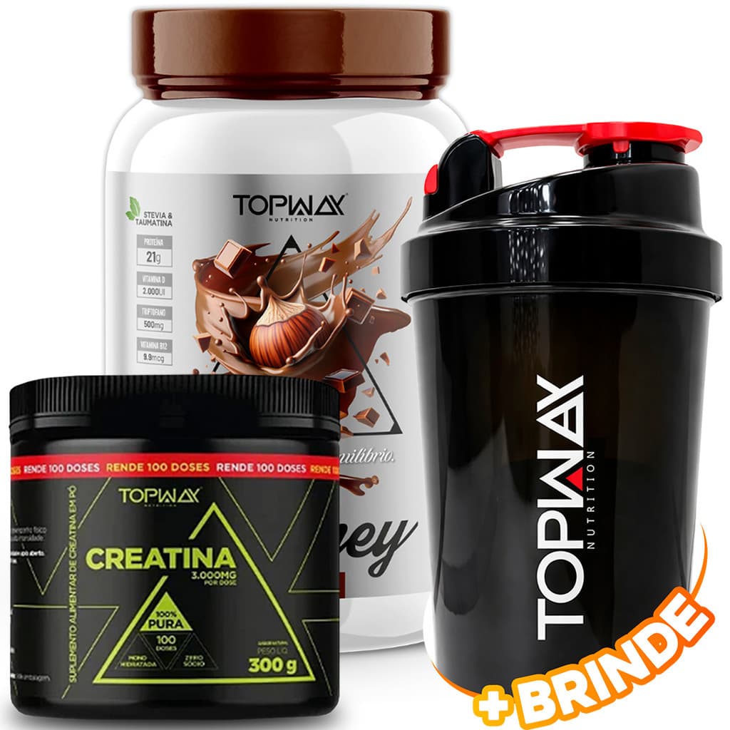 TopWay Whey Protein 100% 900g Sabor Chocolate Com Avela + Creatina em Pó 300g Monohidratada