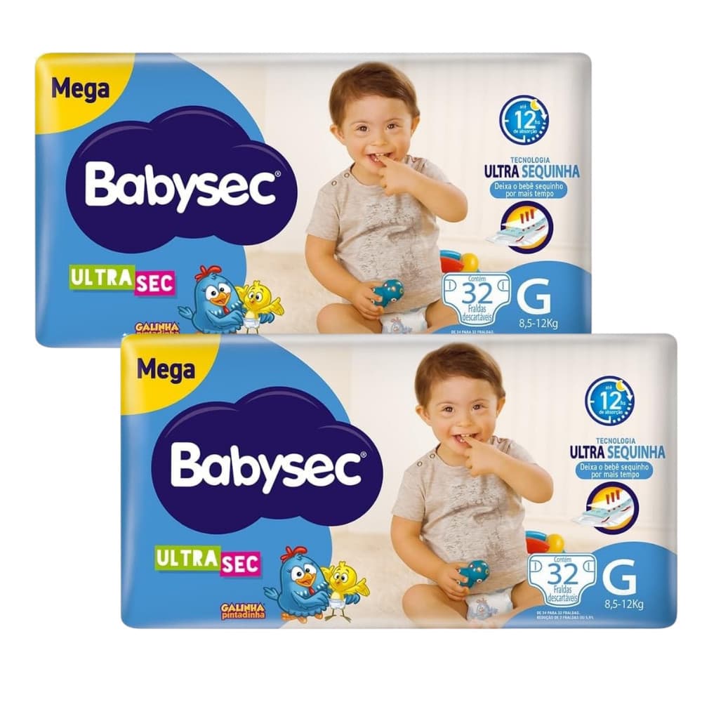 Pack 2x BabySec Ultrasec Mega G Galinha Pintadinha – 32 Unidades- Fraldas com Elásticos suaves