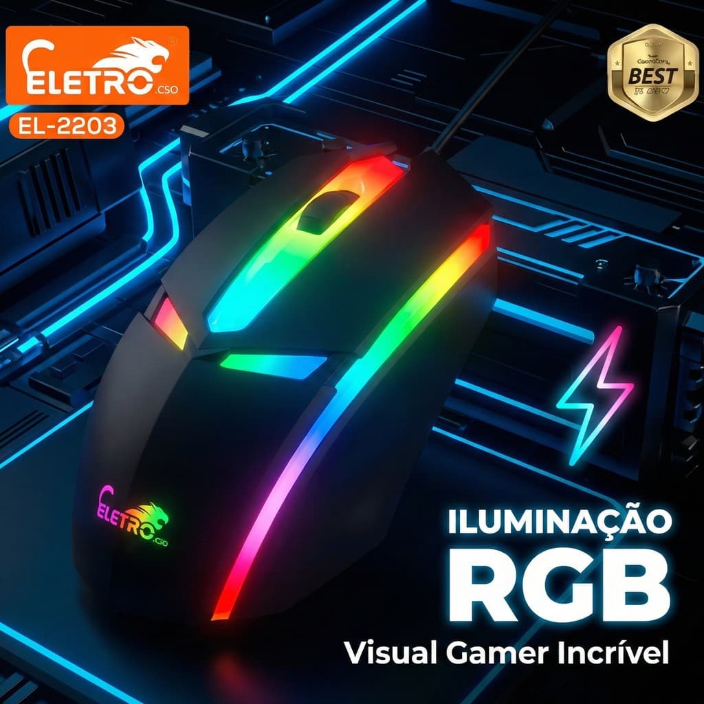 Mouse Gamer RGB Led 1200 DPI USB Optico Ergonomico Com Fio PC Notebook Computador Preto