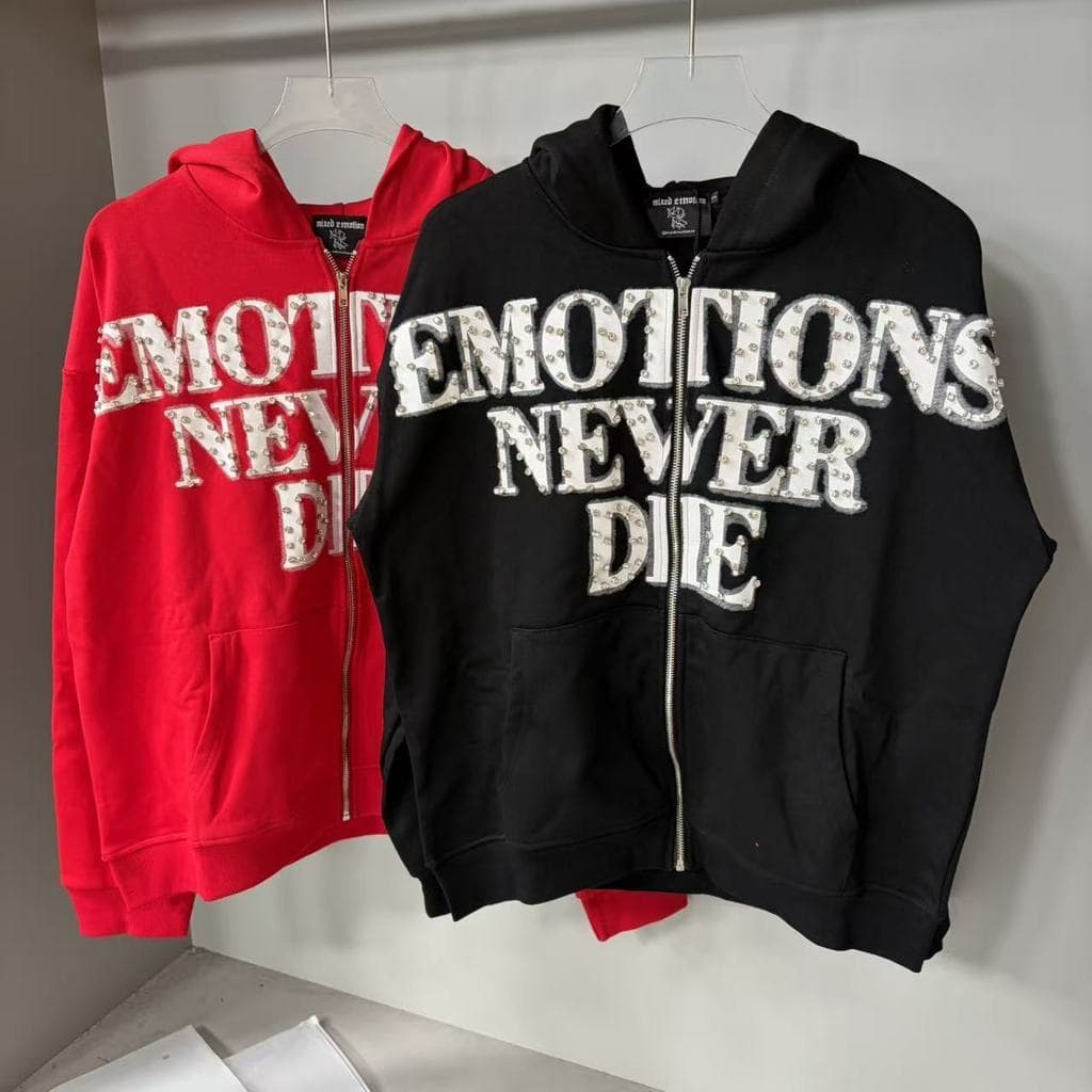 EMOÇÃO MISTA Novo Estilo Cardigan Jaqueta com Zíper Carta Diamante Diamante Moletom Unissex com Capuz