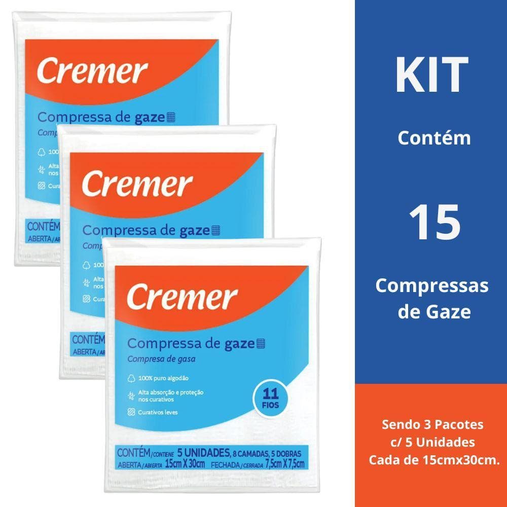 Kit 3 Pacotes de Compressas Gaze Cremer C/5 Un Cada de 15cmx30cm