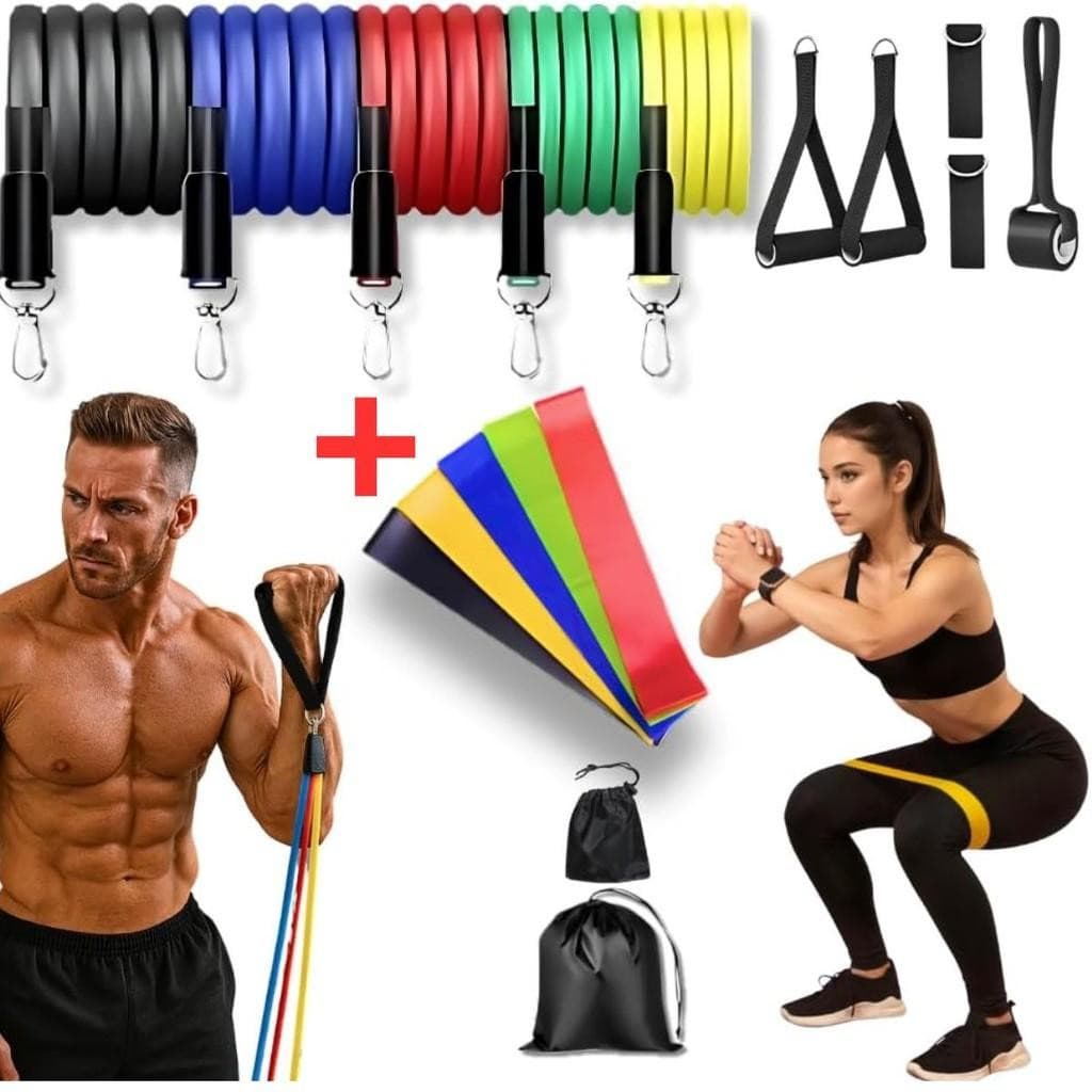 Kit 11 Elásticos de Resistência + 5 Mini Bands | Treino Funcional e Musculação em Casa ou Academia
