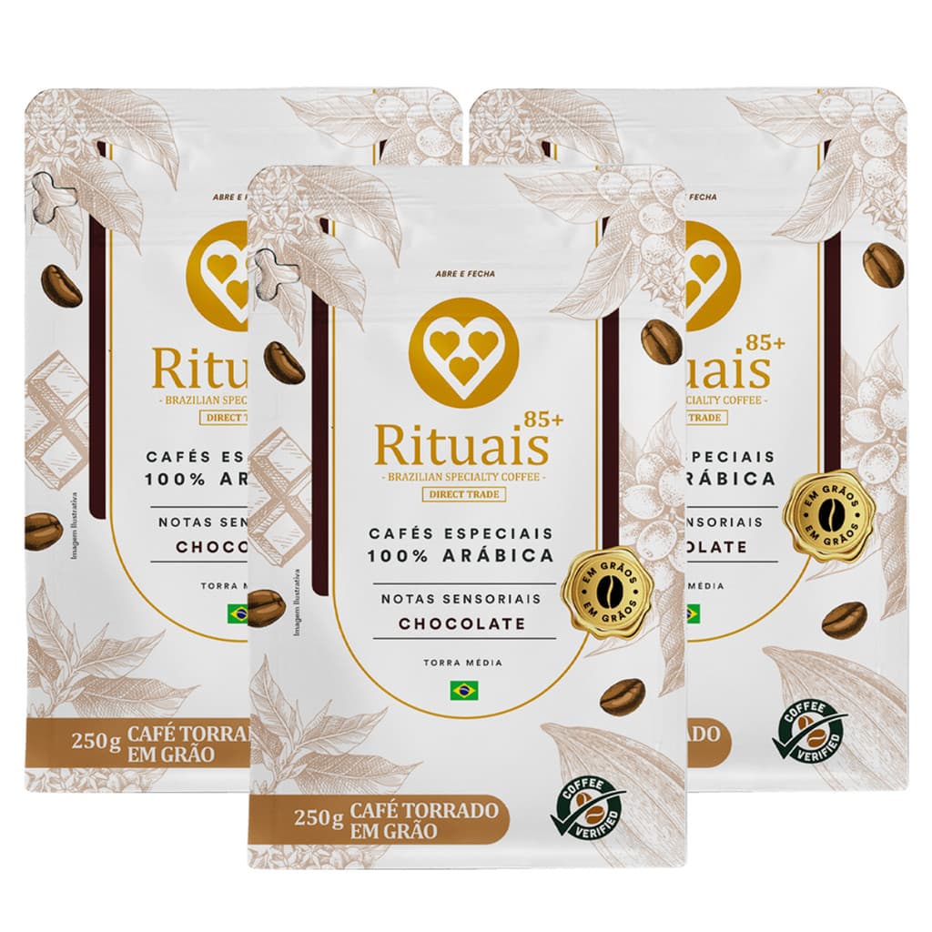 3x Café Torrado em Grãos Rituais 3 Corações Chocolate 250g