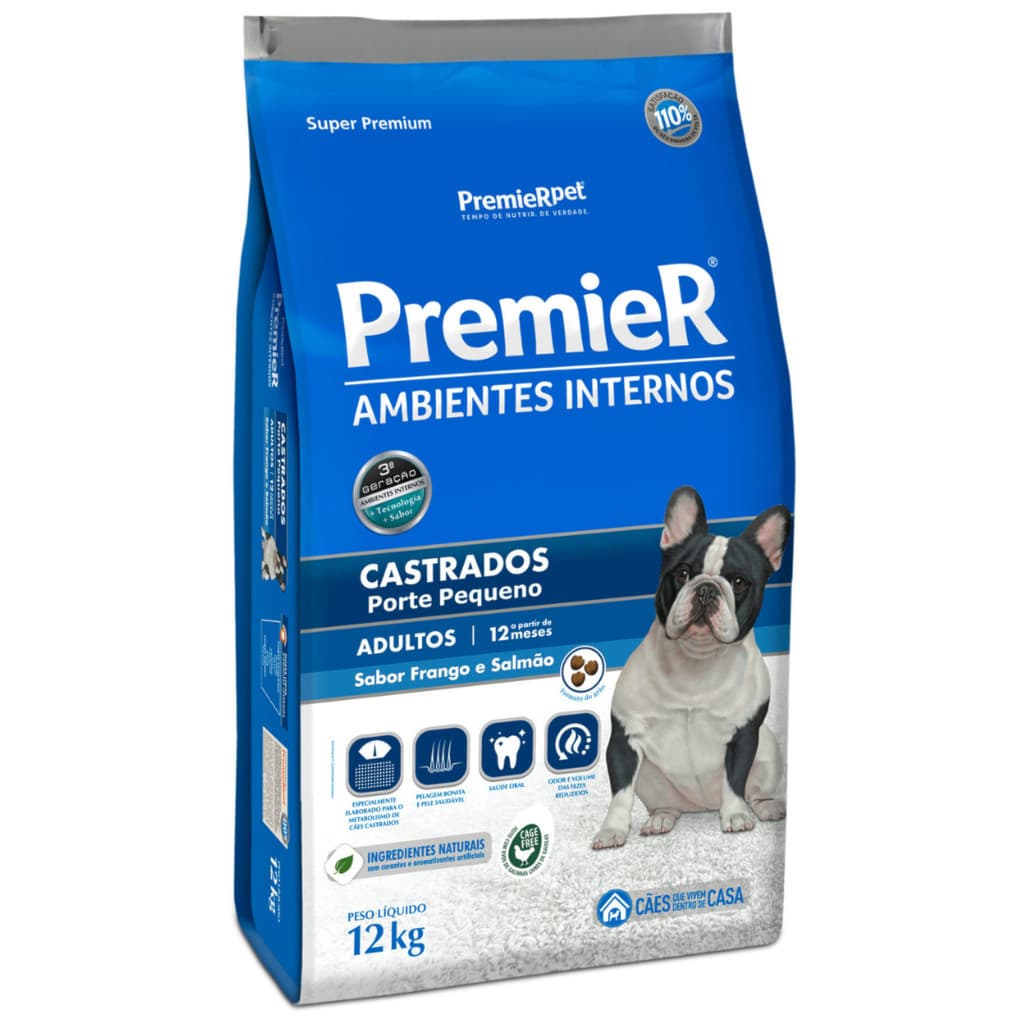 Ração PremieR Ambientes Internos cachorro adulto castrados frango e salmão 12,0kg