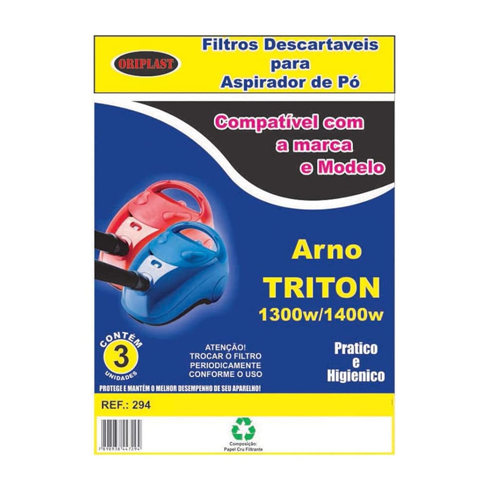 Kit 3 Sacos para Aspirador de Pó Arno Triton 1300 1400