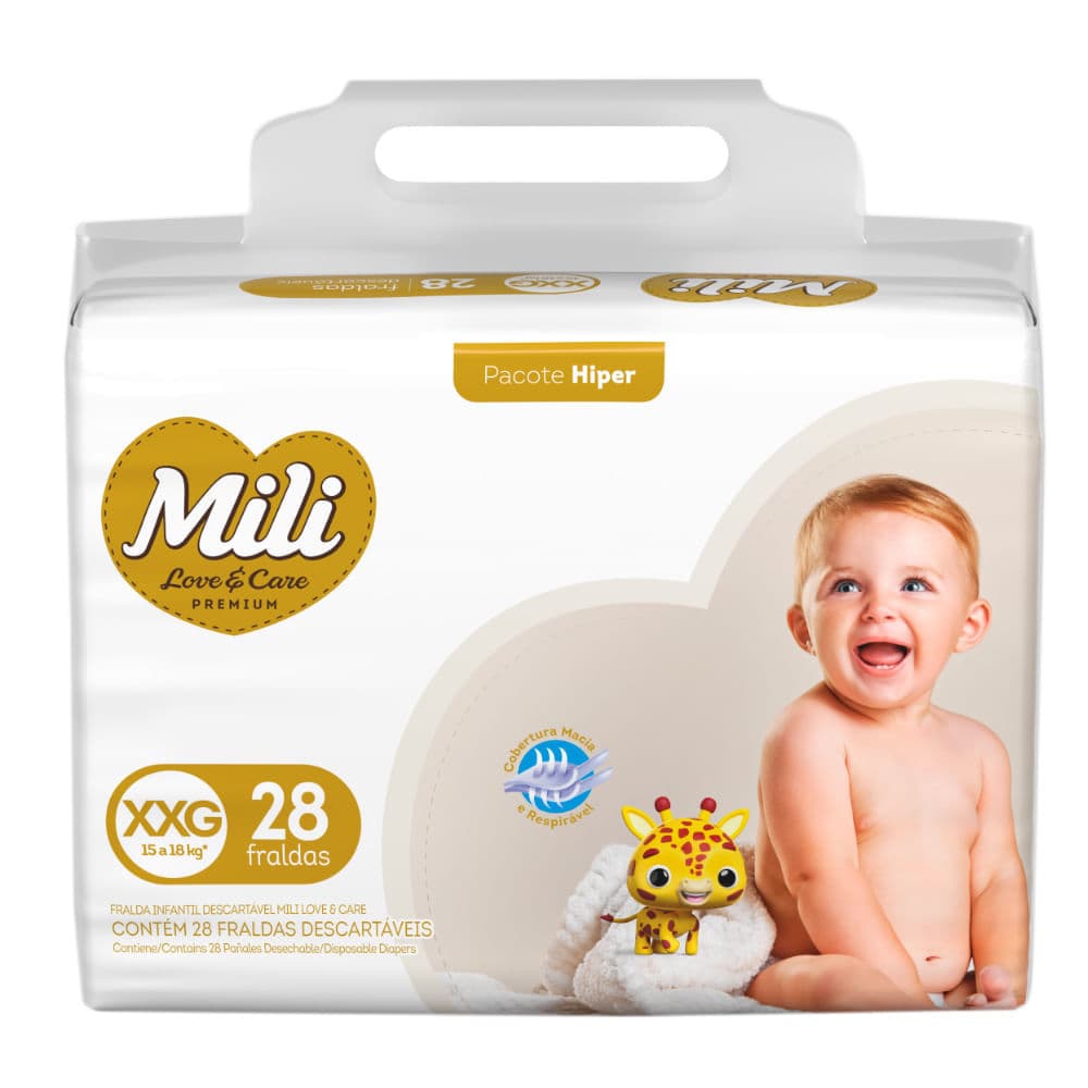 Fralda Infantil Mili Love e Care Premium Hiper Tamanho XXG com 28 Unidades Descartáveis