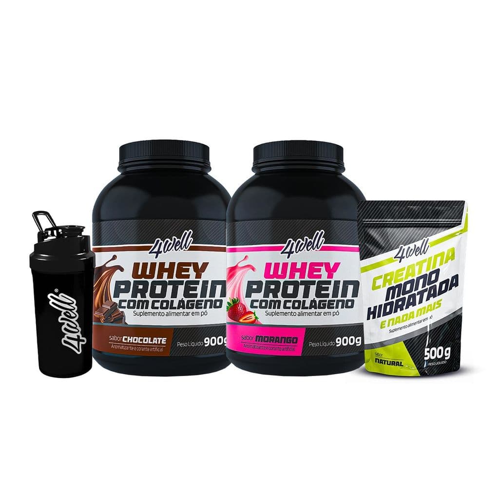 Combo 2x Whey Protein  - Sabor Chocolate e Morango 900g + Creatina 500g + Coqueteleira - 4well