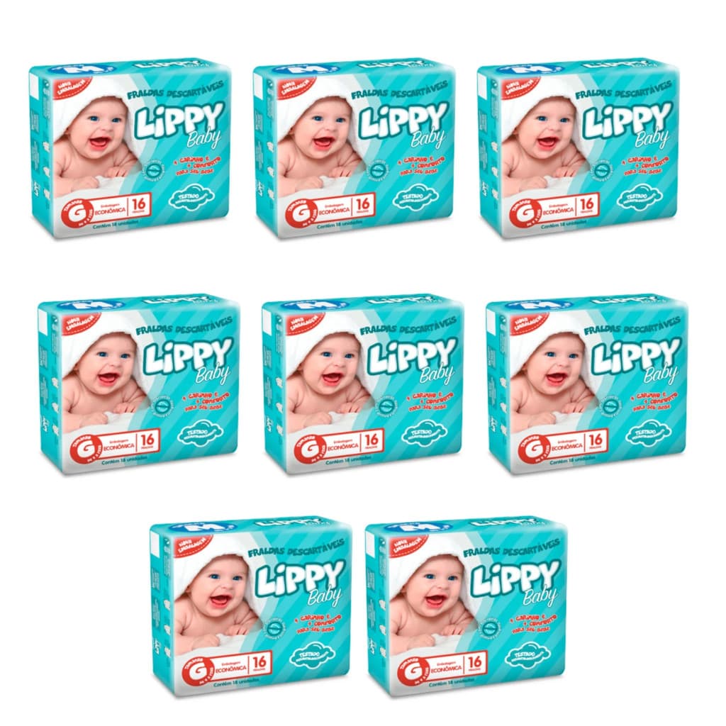 KIT 8 PACOTES FRALDAS INFANTIS COM 16 TIRAS LIPPY BABY - G - TOTAL 128 FRALDAS