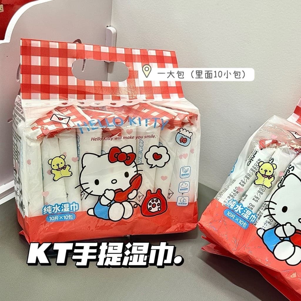 Lenços umedecidos Sanrio hellokitty genuínos, 10 peças, portátil, pequeno, bebê, mão, boca, limpeza, água pura, lenços u