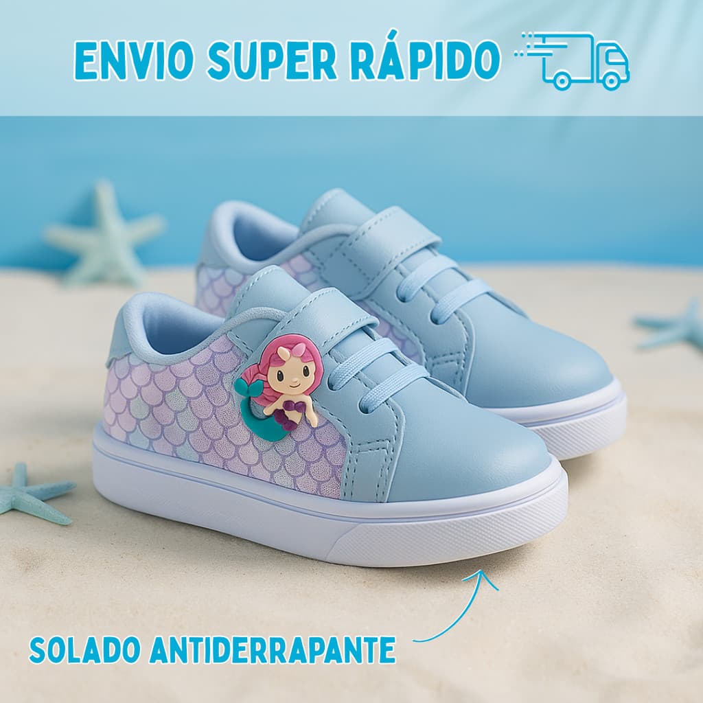 Tênis Infantil Feminino Sereia com Velcro Calce Facil Confortável Antiderrapante Detalhe 3D Original