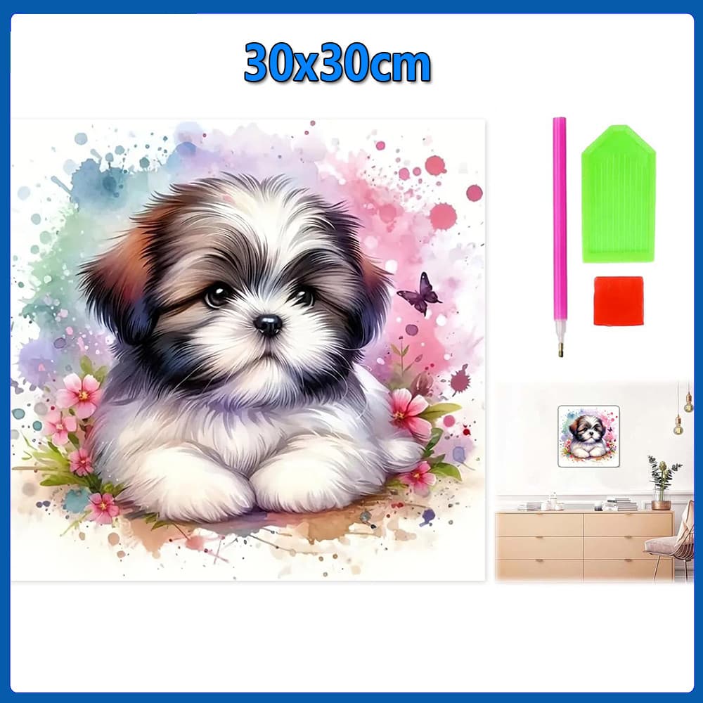 30x30cm Cão e flores Pintura Diamante 5D Pintura de Diamante Conjunto De Pintura Com Diamante Conto De Quadrado 5D Kits