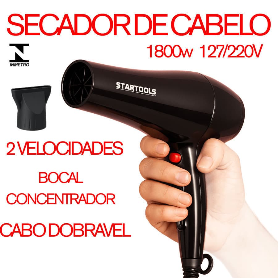 Secador De Cabelo Profissional 1800W 2 Velocidades e Temperaturas Cabo Dobrável Startools