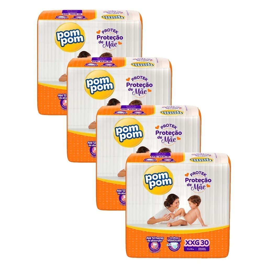 Kit 4 Fraldas Pom Pom Derma Protek Mega Criança Bebe P54 M48 G42 OU EG38