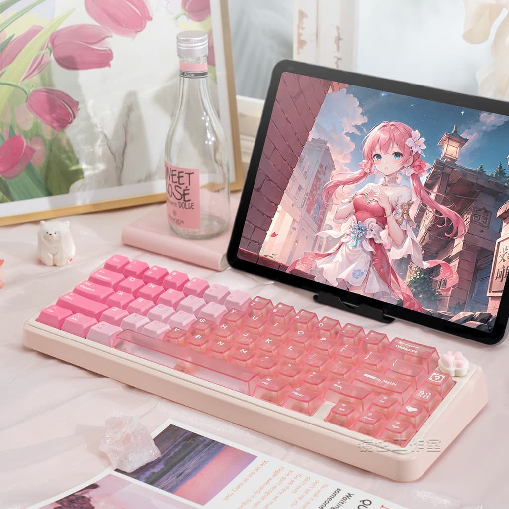 Jingye Taoyao PBT + PC Gradiente Rosa Translúcido Keycap Teclado Mecânico de Três Modos Mahjong Som Teclado de Eixo Magn