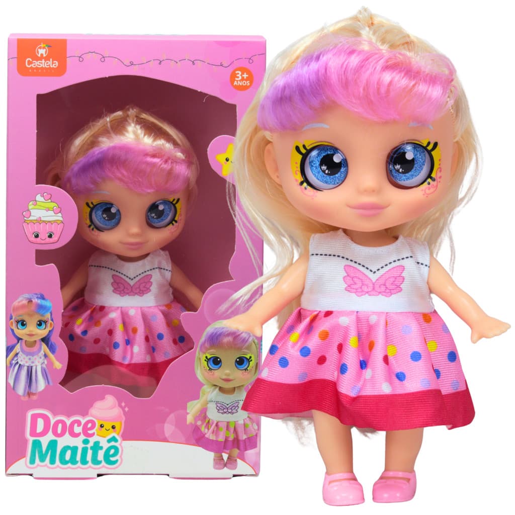 Boneca Articulada Doce Maitê 19cm Vestido Rosa CBS0943 - Castela