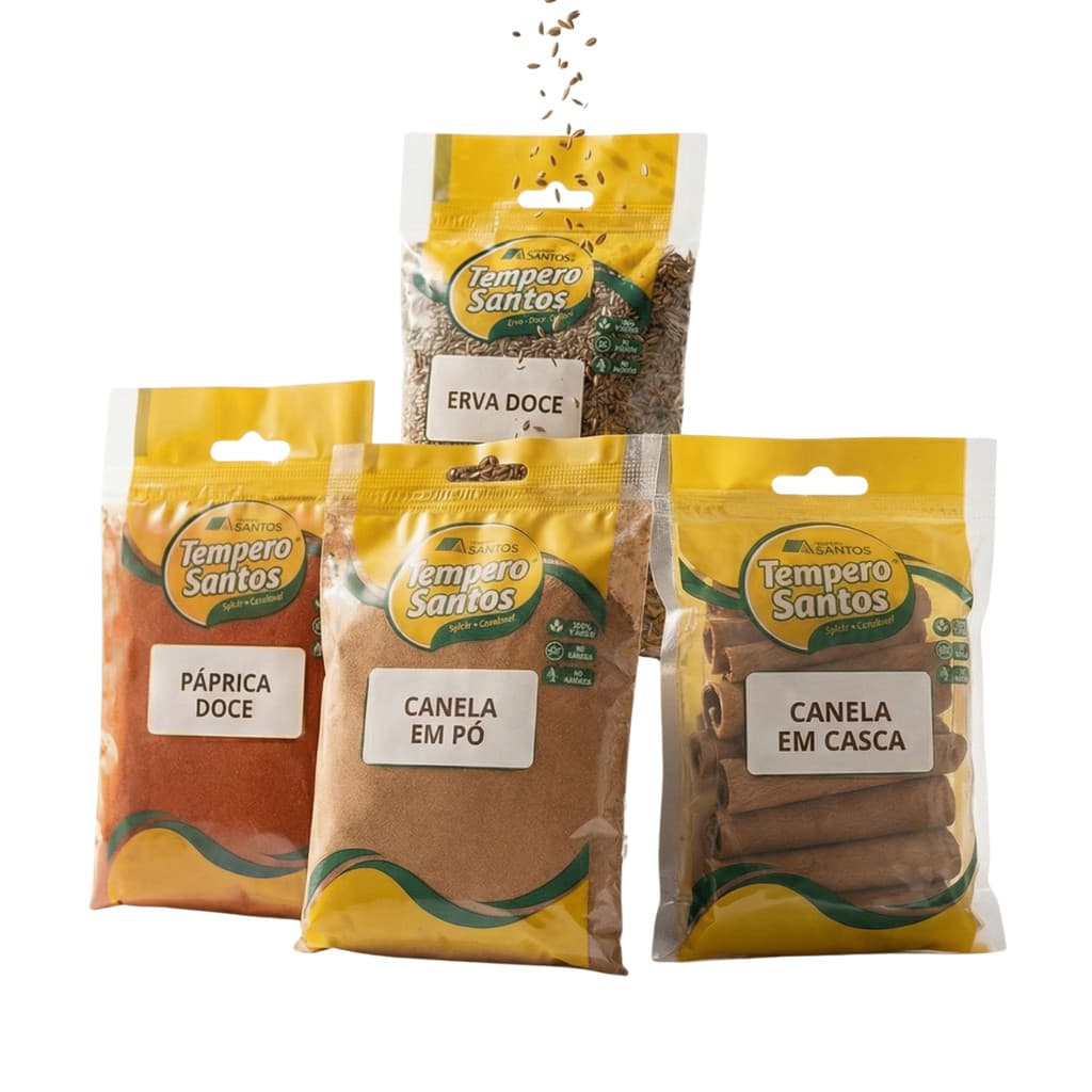 Kit Temperos Doces 4 Sabores - Canela Em Casca 50g / Canela Em Pó 50g / Páprica Doce 50g / Erva Doce 50g –Tempero Santos