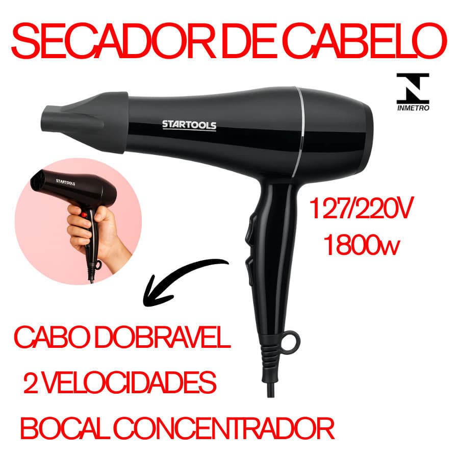 Secador De Cabelo Profissional 1800W Startools Cabo Dobrável 2 Níveis De Temperatura