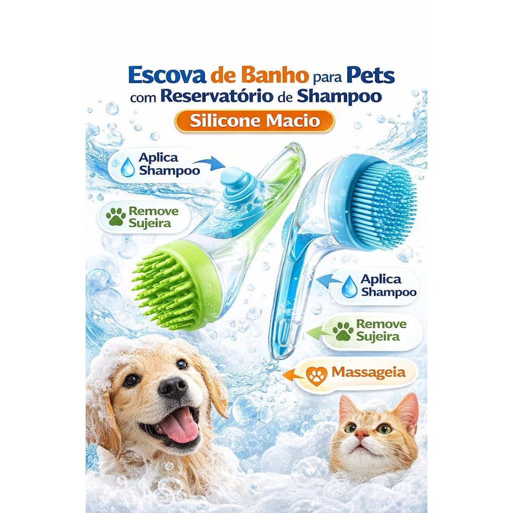 Escova de Banho para Pets com Reservatório de Shampoo Silicone Macio Massageador para Cães e Gatos