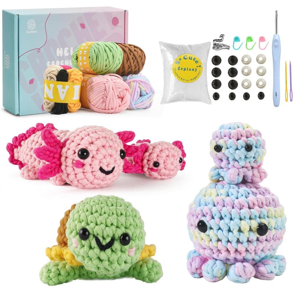 Kit de Crochê para Iniciantes, 5 Kits de Crochê Amigurumi para Iniciantes com Animais, Kit de Crochê de Tartaruga, Axolo