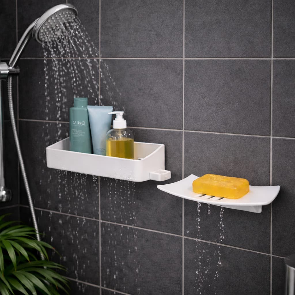 Kit Com 1 Saboneteira + Prateleira Organizador Shampoo Auto-Adesivo Para Parede Sem Furo