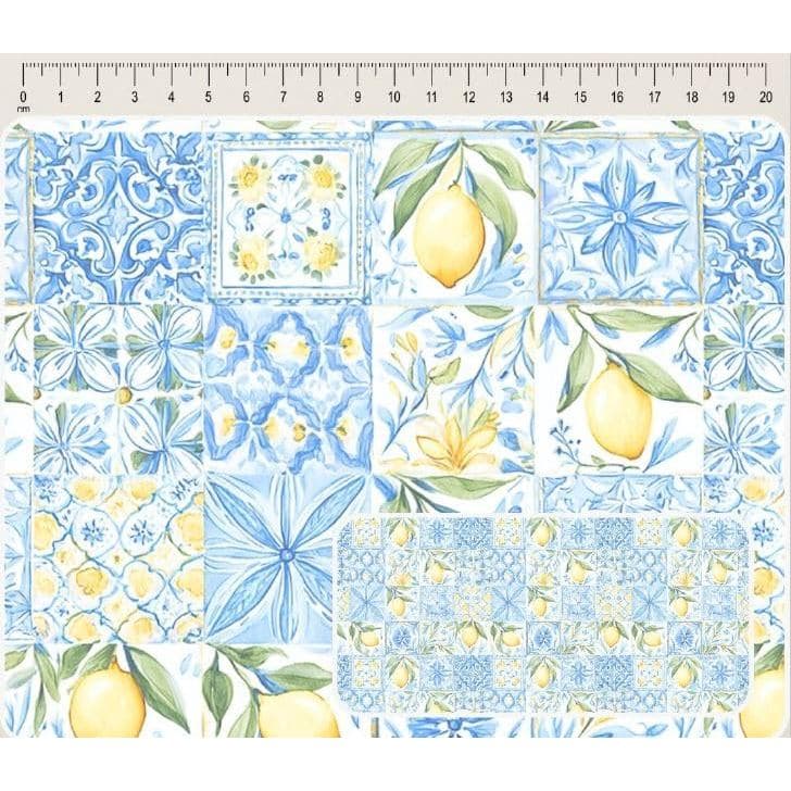 Tecido tricoline digital Coleção Amalfi Patchwork limão azulejo 50 x 150 cm