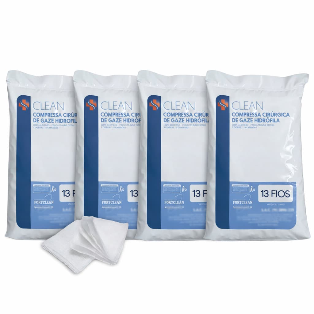 Kit 4 Pacotes de Compressa de Gaze Hidrófila 13 Fios 240g Clean Primeiros Socorros Curativo Não Estéril