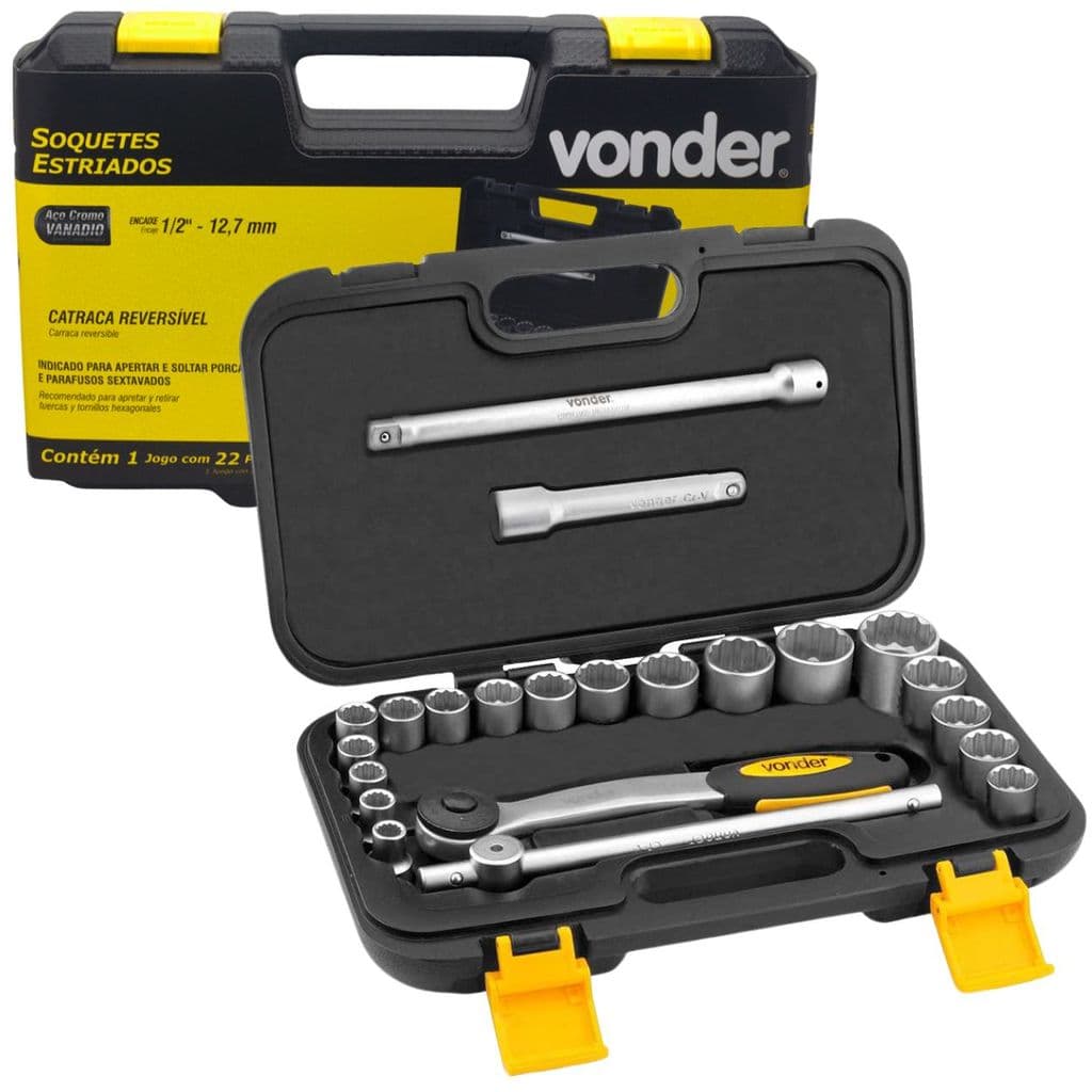 3029008032 JOGO DE CHAVE DE CATRACA 1/2" SOQUETES ESTRIADOS COM 22PCS 08 A 32MM VONDER