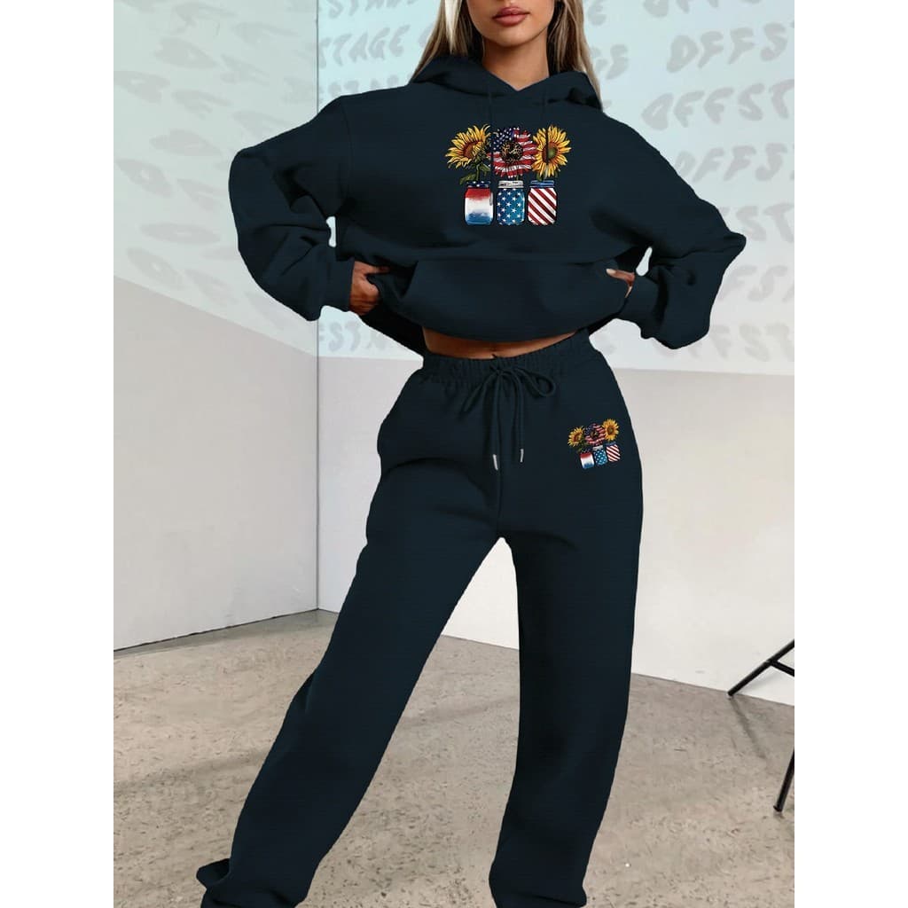 Conjunto de Moletom Unissex  Estampa Girassol e Bandeira Americana - Blusão e Calça, Promoção envio rápido