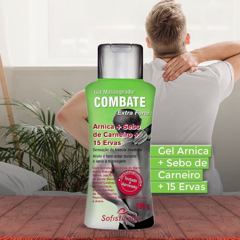 Gel para massagem Extra Forte Combate 15 Ervas Arnica Sebo De Carneiro Alívio Dores Musculares Coluna Articulações 200g
