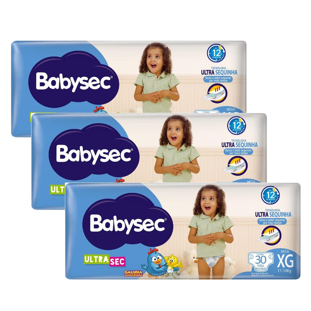 3 Pacotes - Fralda BabySec Ultrasec Galinha Pintadinha Mega XG 30un – Elásticos suaves
