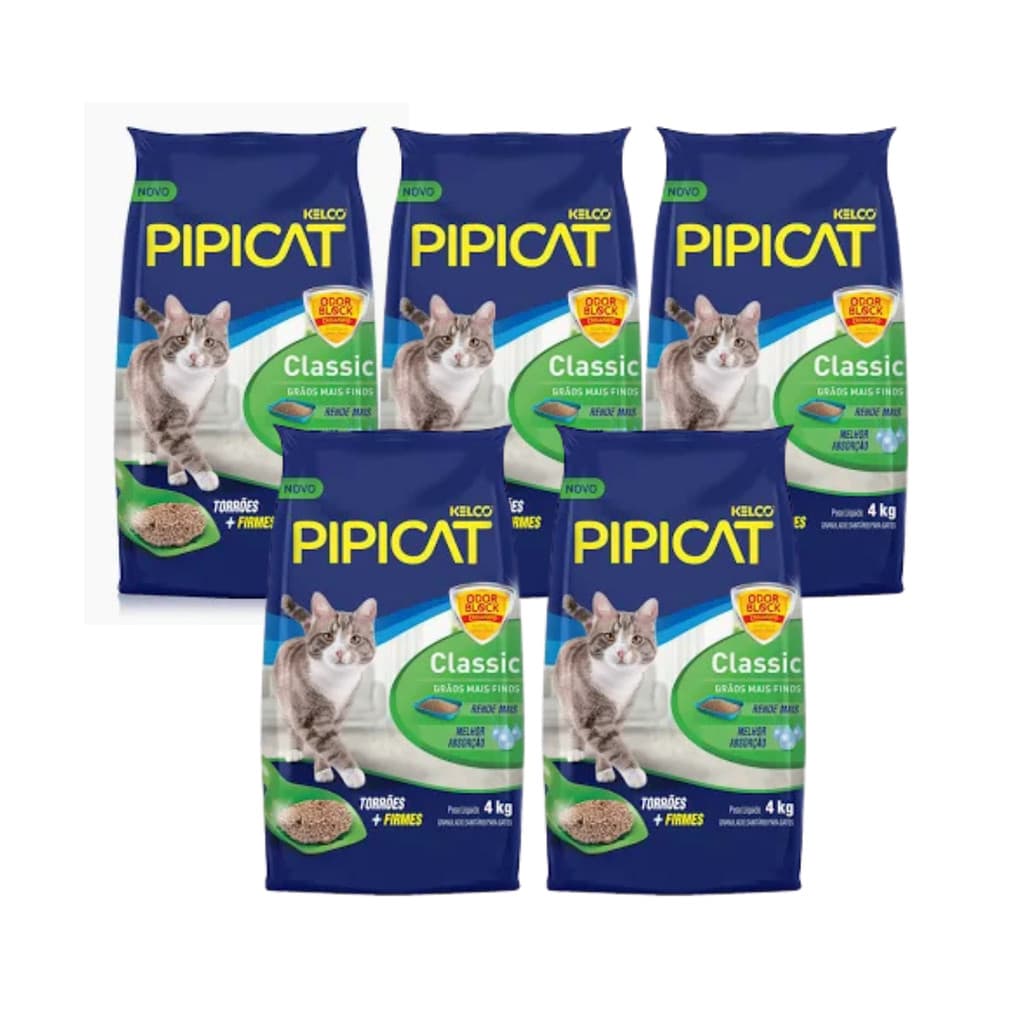 Areia Sanitária para Gatos Classic Pipicat 4kg - Kit 5 un