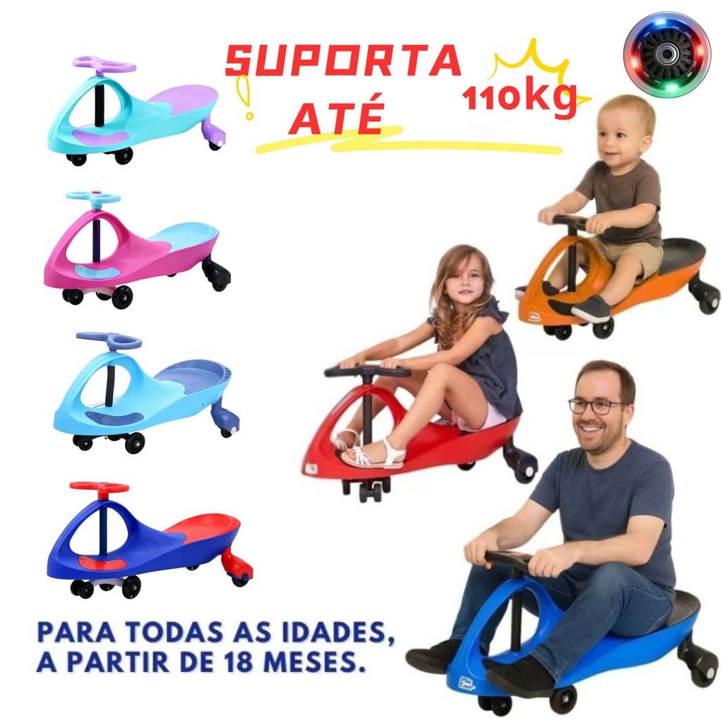 Carrinho de rolimã Infantil com Volante Giratório 360°-Rodas Silenciosas com LED-Segura, Anti-Volta